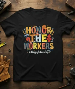Black t-shirt with "Honor The Workers #Happy Labor Day" text in colorful, bold lettering, featuring construction and labor tool graphics