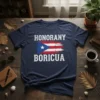 Navy t-shirt with distressed Puerto Rican flag and "Honorany Boricua" text in white, representing Puerto Rican pride