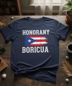 Navy t-shirt with distressed Puerto Rican flag and "Honorany Boricua" text in white, representing Puerto Rican pride