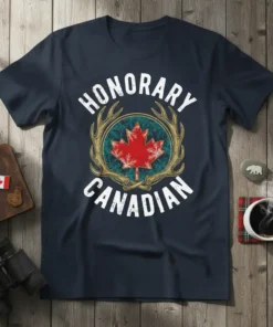 Honorary Canadian t-shirt design with white text, a red maple leaf, and golden antlers