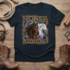 Honse Ridding graphic tee with two horses, one brown and one white, surrounded by lightning and a rustic wooden frame