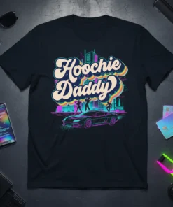 Hoochie Daddy 80s retro graphic t-shirt with a sports car and neon city skyline design