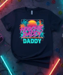 Hoochie Daddy Daddy text with retro 80s beach sunset and palm trees graphic on a navy t-shirt