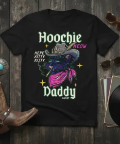 Hoochie Daddy Meow Kitty Kitty Cowboy Cat T-Shirt with a black cat wearing a cowboy hat and bandana