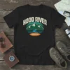 Black t-shirt with "Hood River Oregon" text above a mountain and river graphic, vintage style