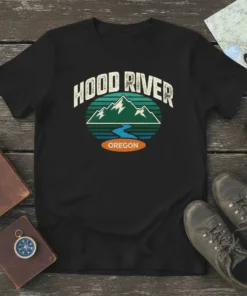 Black t-shirt with "Hood River Oregon" text above a mountain and river graphic, vintage style