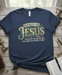 Christian t-shirt with "Hooked On Jesus" and "Jesus Said, Follow Me and I Will Make You Fishers of Men" quote