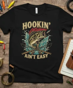 Hookin' Ain't Easy fishing t-shirt design with a bass jumping out of water and crossed fishing rods