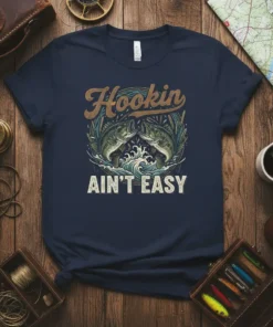 Hookin' Ain't Easy t-shirt with bass fish graphic and water waves