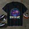 Black t-shirt with "Hoop Dreams" text overlaying a neon-lit basketball court and city skyline graphic