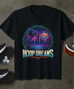 Black t-shirt with "Hoop Dreams" text overlaying a neon-lit basketball court and city skyline graphic
