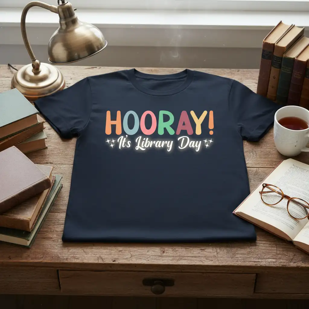 Hooray! It's Library Day text design in colorful letters with star accents on a dark t-shirt