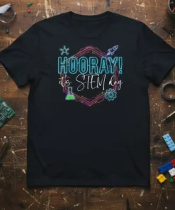 Hooray! It's STEM Day t-shirt design with neon-style text and STEM icons like a beaker, atom, and rocket