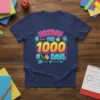 Hooray for 1000 Days text design with books, pencils, and apple graphic, celebrating 1000 school days