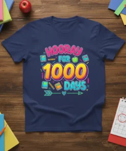 Hooray for 1000 Days text design with books, pencils, and apple graphic, celebrating 1000 school days