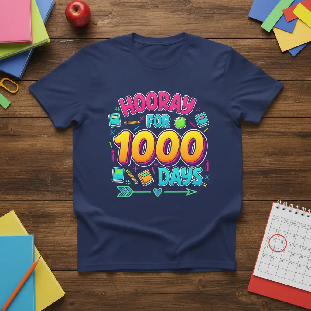 Hooray for 1000 Days text graphic with school icons, celebrating 1000 days of education