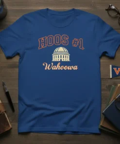 HOOS #1 Wahoowa text with University of Virginia dome graphic on a royal blue t-shirt