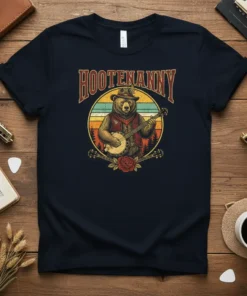 Hootenanny text above a vintage illustration of a bear playing a banjo, with a rose and guitars below