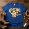 HOOTERS Yeehaw! text above a cowboy owl graphic on a blue t-shirt, vintage western style