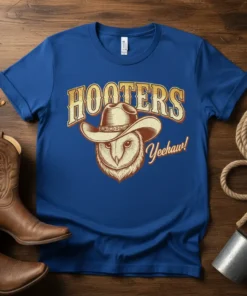 HOOTERS Yeehaw! text above a cowboy owl graphic on a blue t-shirt, vintage western style