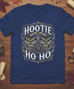 Hootie Ho Ho Christmas T-Shirt featuring two ornate owls and festive text in gold and white