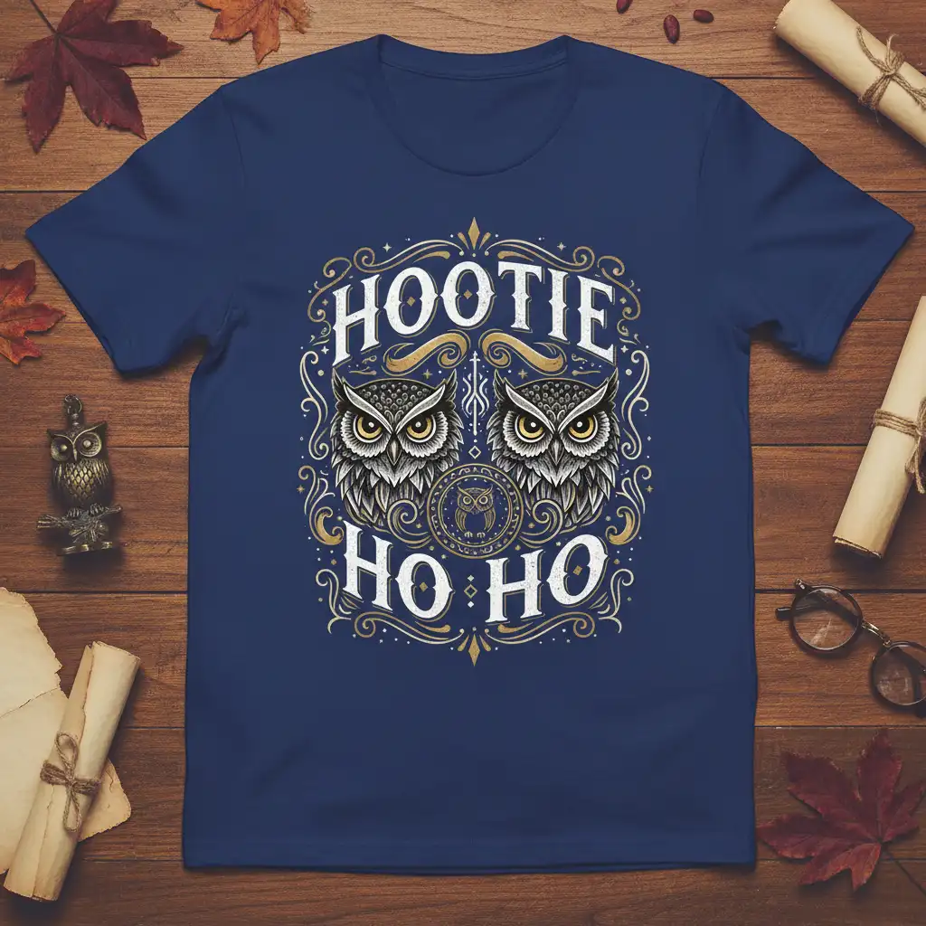 Hootie Ho Ho Christmas T-Shirt design with ornate owls and festive lettering