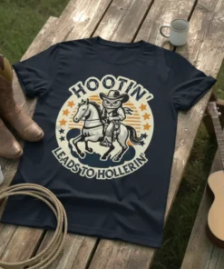 Hootin' Leads to Hollerin' t-shirt design featuring an owl cowboy riding a horse with western stars and text