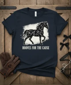 Hooves For The Cause t-shirt with black ribbon horse graphic and text