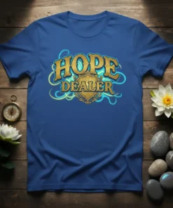 Gold foil text "HOPE DEALER" in vintage font with glowing blue and yellow swirls on a royal blue t-shirt