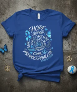 Blue t-shirt with white text "HOPE SUPPORT CARE LOVE PEACE CURE LAPE HYDROCEPHALUS AWARENESS" and blue ribbon, butterfly, hearts, and