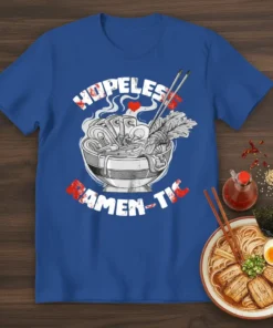 Hopeless Ramen-tic text with a detailed drawing of a ramen bowl and chopsticks on a blue t-shirt