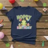 Cute Hoppy Birthday Frog T-Shirt with balloons and cupcakes, featuring green frog in party hat