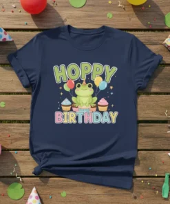 Cute Hoppy Birthday Frog T-Shirt with balloons and cupcakes, featuring green frog in party hat