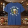 Hoppy Easter t-shirt design featuring a mug of beer, hops, and wheat in a circular graphic with distressed lettering