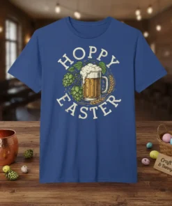 Hoppy Easter t-shirt design featuring a mug of beer, hops, and wheat in a circular graphic with distressed lettering