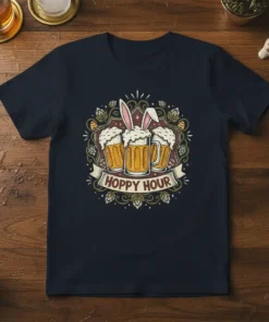 Hoppy Hour t-shirt design featuring three mugs of beer with bunny ears and festive Easter decorations