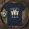 Hoppy Hour text with champagne glasses adorned with bunny ears and flowers on a navy t-shirt