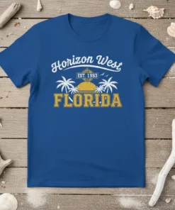 Horizon West Florida 1993 retro design t-shirt with palm trees and compass graphic