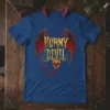 Horny Devil graphic t-shirt with red devil wings, golden text, and a flaming heart design