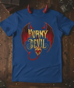 Horny Devil graphic t-shirt with red devil wings, golden text, and a flaming heart design