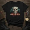 Horror Guy T-Shirt design featuring a skull in a hockey mask with dripping blood and city skyline background
