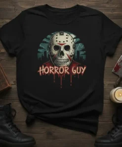 Horror Guy T-Shirt design featuring a skull in a hockey mask with dripping blood and city skyline background