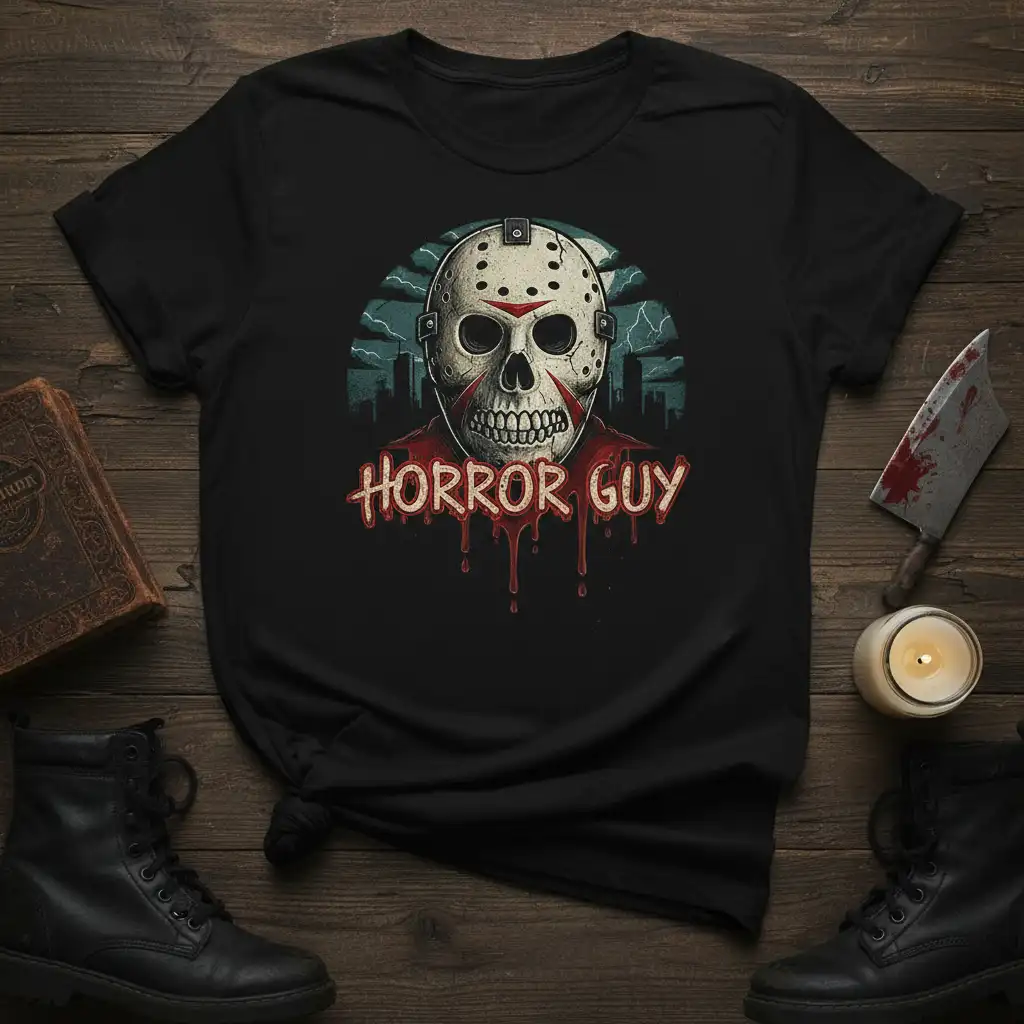 Horror Guy text and skull hockey mask graphic on a black t-shirt, ideal for horror fans