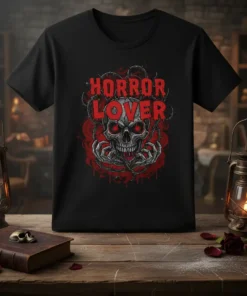 Horror Lover T-Shirt with a detailed skull graphic, red eyes, thorny vines, and blood accents