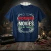 Horror Movies Are My Therapy t-shirt with red dripping text, sword graphic, and skeleton hands