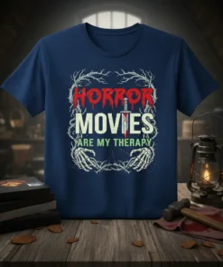 Horror Movies Are My Therapy t-shirt with red dripping text, sword graphic, and skeleton hands