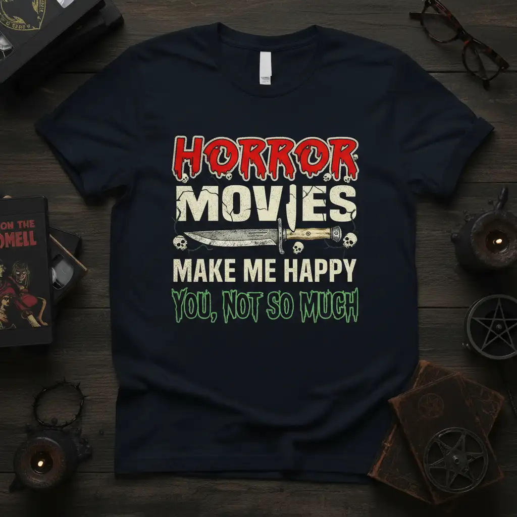 Horror Movies Make Me Happy You, Not So Much quote with knife and skull graphics on dark t-shirt