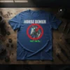 Horse Denier Not Real! t-shirt with a red prohibition sign over a metallic cyborg horse graphic