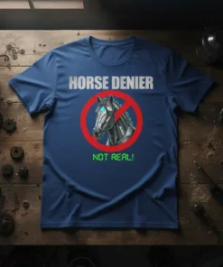 Horse Denier Not Real! t-shirt with a red prohibition sign over a metallic cyborg horse graphic