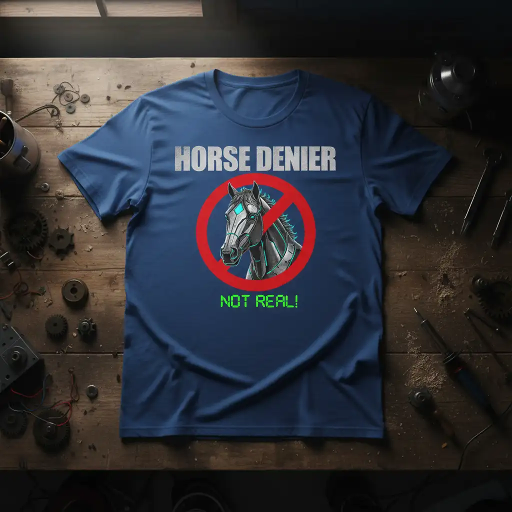 HORSE DENIER NOT REAL! text with a prohibition sign over a metallic cyborg horse graphic on a blue t-shirt